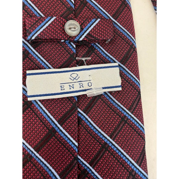 Enro Mens Silk Tie Burgundy Blue Plaid Diagonal Stripe Extra Long Tall Necktie - Picture 4 of 6